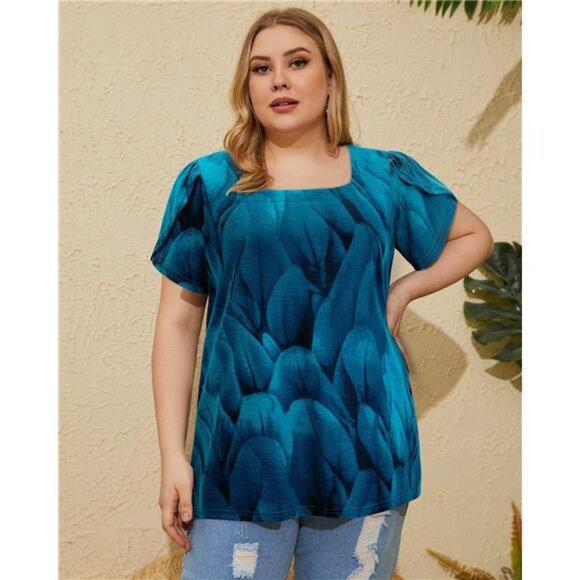 Women Short Sleeve Plus Size Tunics, Square Neck Tops Casual Loose Fit T Shirt - Picture 2 of 7